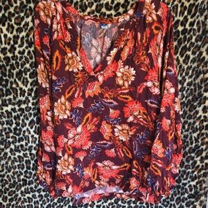 Old Navy Maroon Floral V-Neck Long Sleeve Blouse
